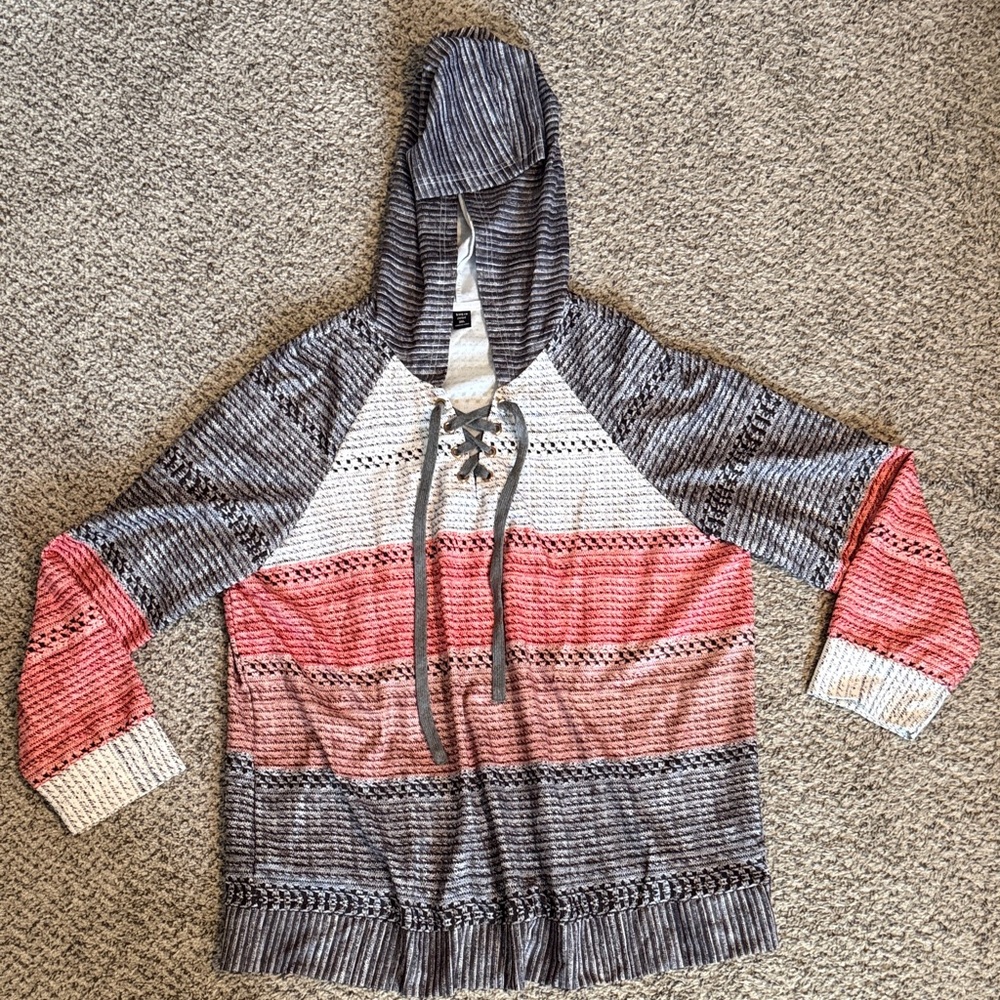 SHEIN Curve White Gray Pink Striped Hooded Long Sleeve Shirt Womens Plus Size 3X